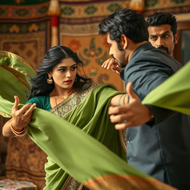 A dynamic scene capturing a woman in an elegant green saree, embellished with intricate borders, energetically confronting a man