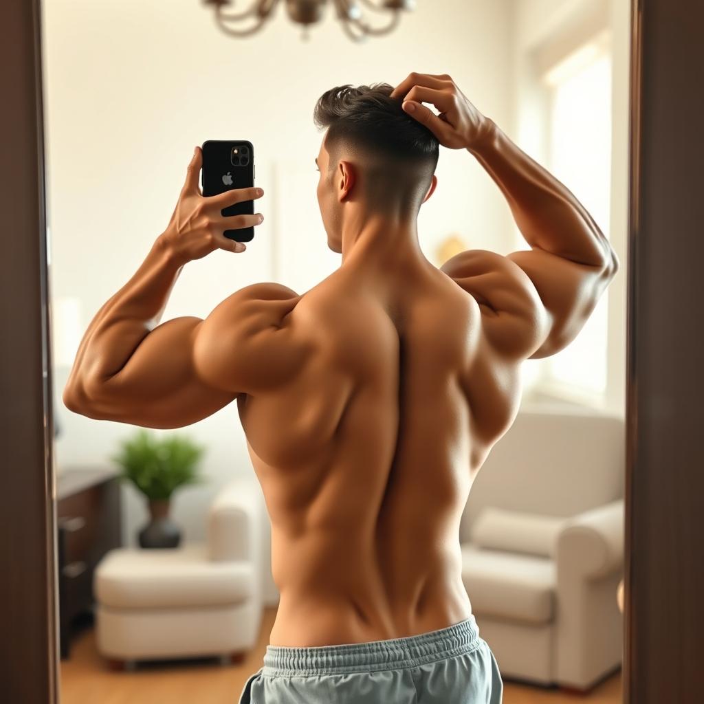 Aesthetic mirror selfie of a muscular individual flexing their back muscles