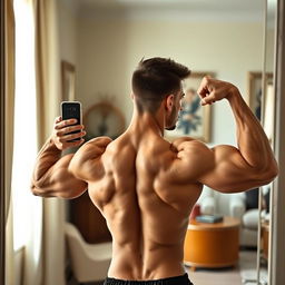 Aesthetic mirror selfie of a muscular individual flexing their back muscles