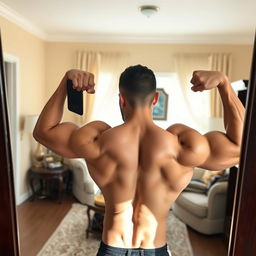 Aesthetic mirror selfie of a muscular individual flexing their back muscles