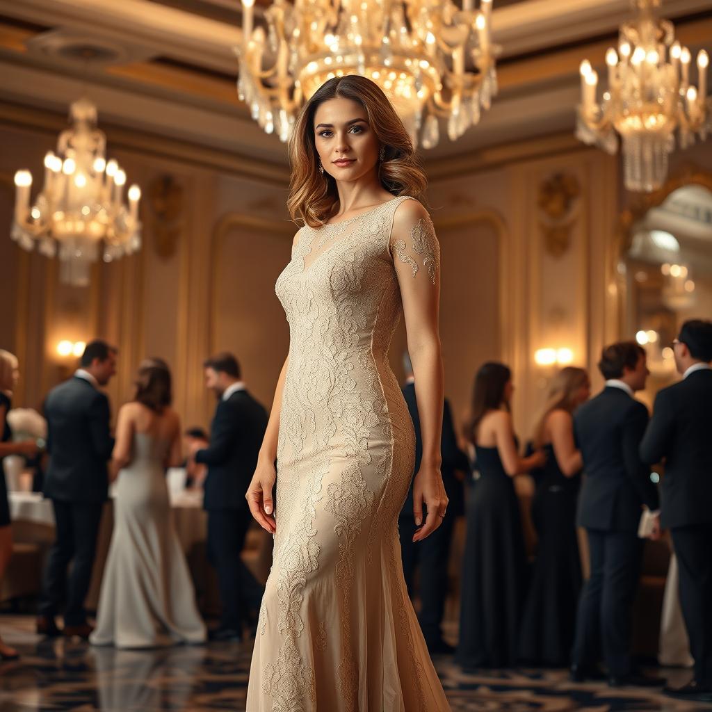 A stunning woman wearing an exquisite formal dress, elegantly designed with intricate lace detailing