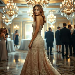 A stunning woman wearing an exquisite formal dress, elegantly designed with intricate lace detailing
