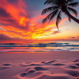 A high-resolution digital photograph of a stunning sunset over a serene beach, showcasing vibrant orange, pink, and purple hues in the sky, reflecting on the gentle waves of the ocean
