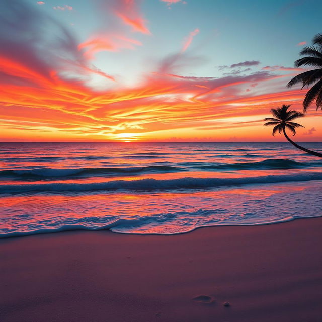 A high-resolution digital photograph of a stunning sunset over a serene beach, showcasing vibrant orange, pink, and purple hues in the sky, reflecting on the gentle waves of the ocean