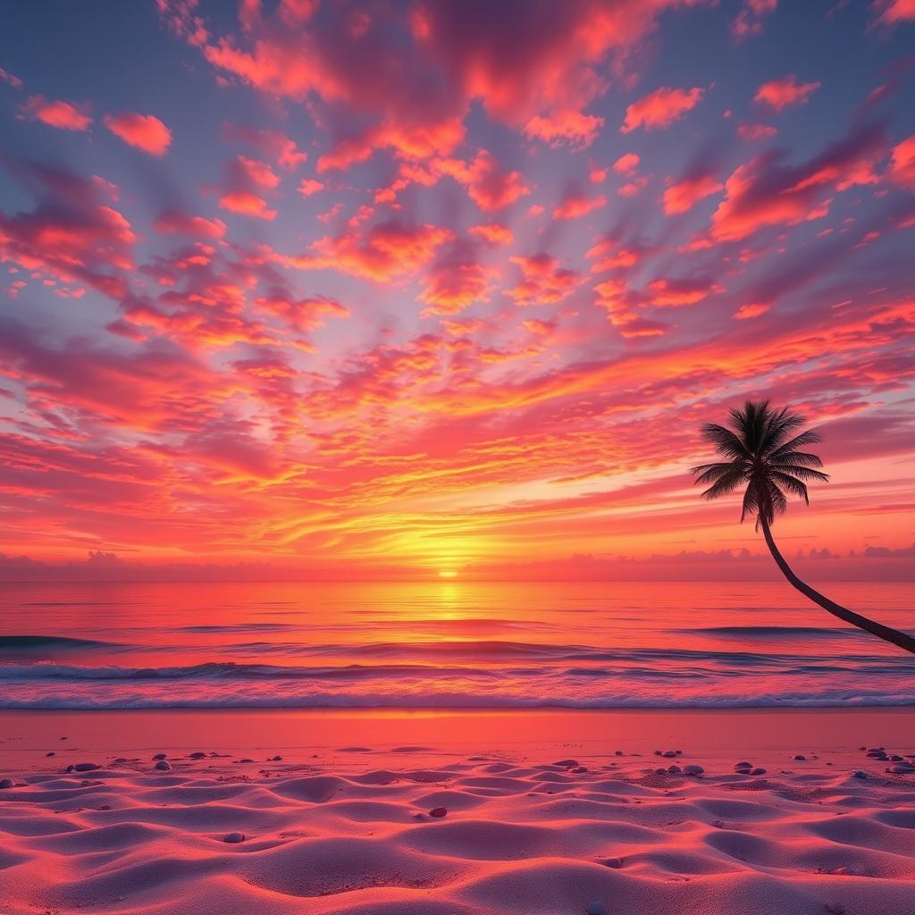 A high-resolution digital photograph of a stunning sunset over a serene beach, showcasing vibrant orange, pink, and purple hues in the sky, reflecting on the gentle waves of the ocean