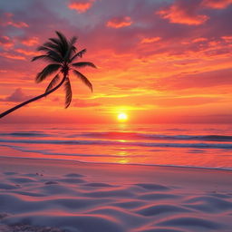 A high-resolution digital photograph of a stunning sunset over a serene beach, showcasing vibrant orange, pink, and purple hues in the sky, reflecting on the gentle waves of the ocean