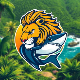 A creative logo design featuring a majestic lion seamlessly merged with a fierce shark, set in a vibrant natural environment