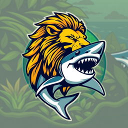 A creative logo design featuring a majestic lion seamlessly merged with a fierce shark, set in a vibrant natural environment