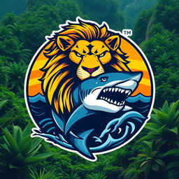 A creative logo design featuring a majestic lion seamlessly merged with a fierce shark, set in a vibrant natural environment