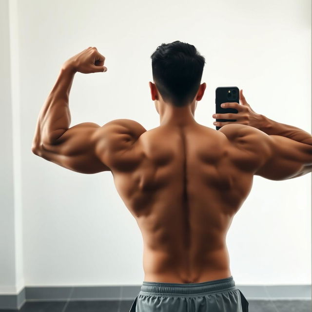 Aesthetic mirror selfie of a Filipino individual flexing their back muscles, showcasing a realistic and attainable physique after a year and a half of gym training