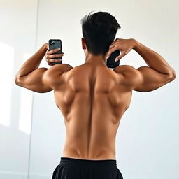 Aesthetic mirror selfie of a Filipino individual flexing their back muscles, showcasing a realistic and attainable physique after a year and a half of gym training