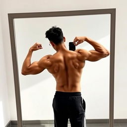 Aesthetic mirror selfie of a Filipino individual flexing their back muscles, showcasing a realistic and attainable physique after a year and a half of gym training