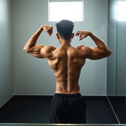 Aesthetic mirror selfie of a Filipino individual flexing their back muscles, showcasing a realistic and attainable physique after a year and a half of gym training