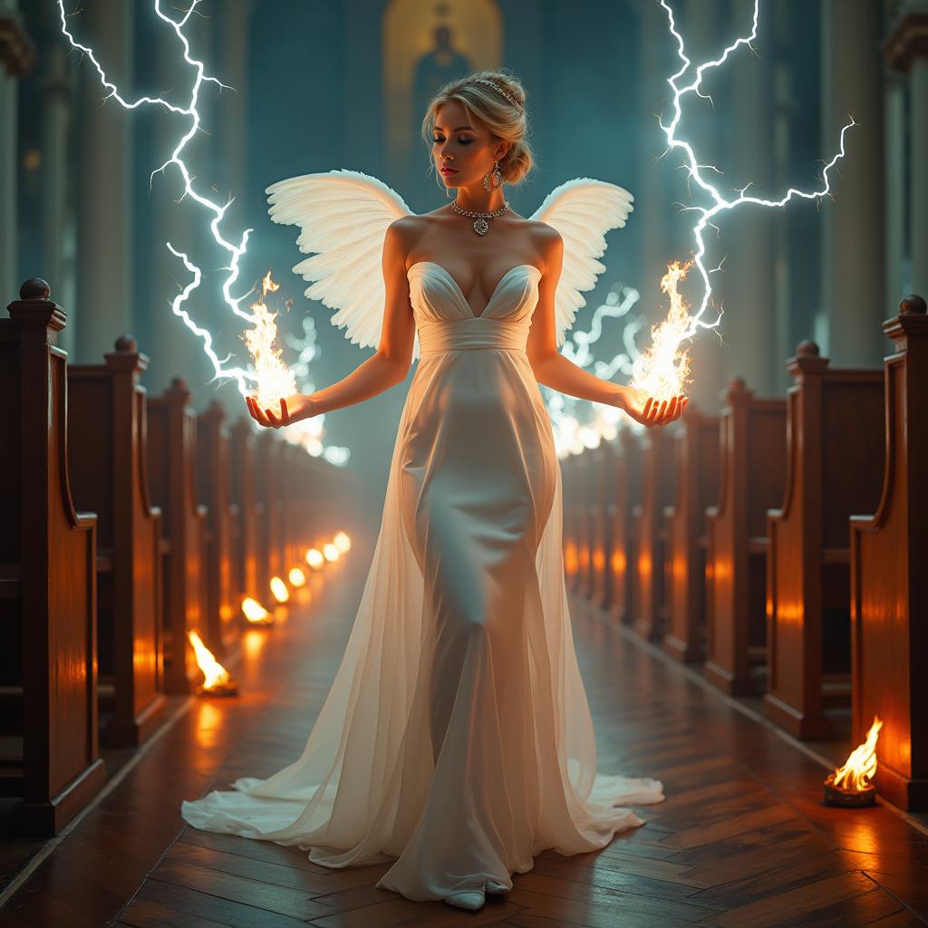 A full-length photograph of a sad yet captivating 18-year-old woman with beautiful blond hair styled in an elegant updo