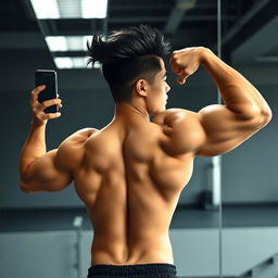 Aesthetic mirror selfie of a Filipino individual with a 'Jay-Jo' mullet haircut, flexing their back muscles in a natural and convincing manner