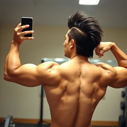 Aesthetic mirror selfie of a Filipino individual with a 'Jay-Jo' mullet haircut, flexing their back muscles in a natural and convincing manner