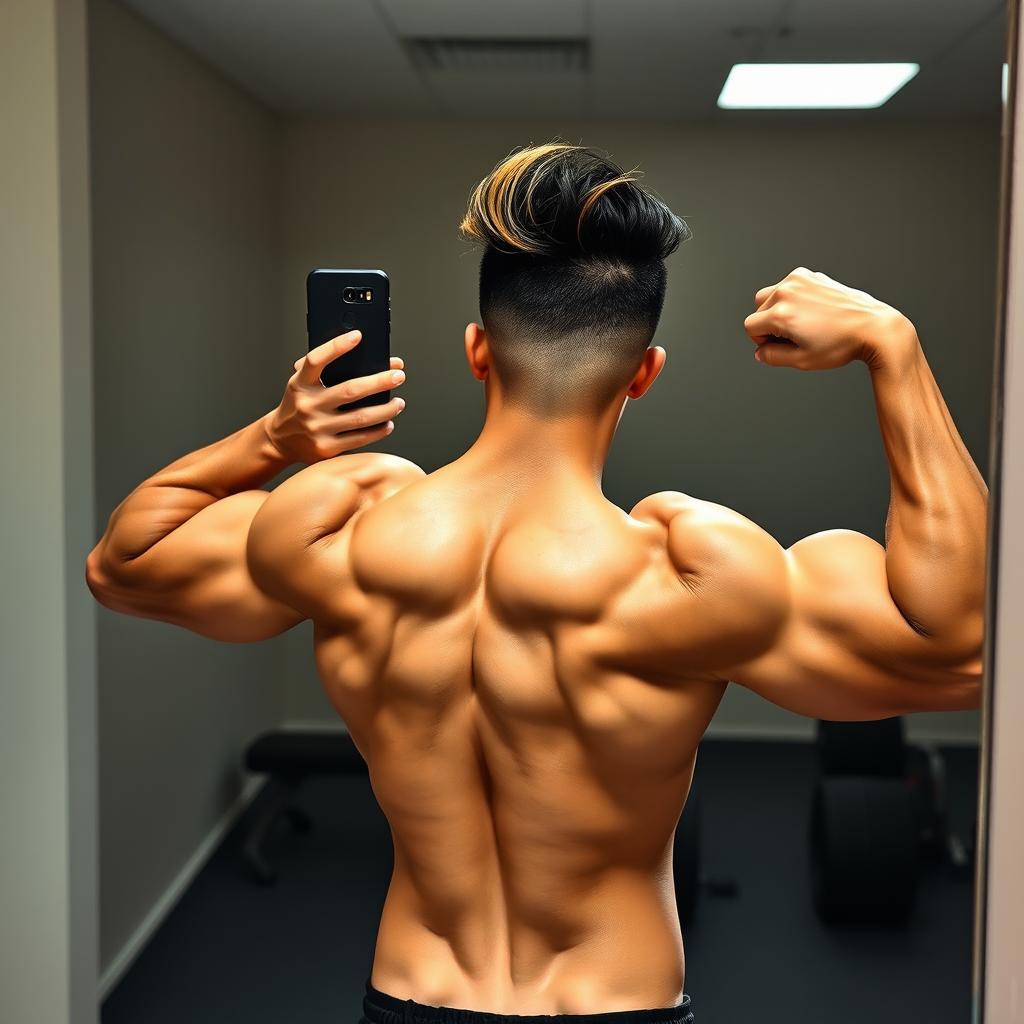 Aesthetic mirror selfie of a Filipino individual with a 'Jay-Jo' mullet haircut, flexing their back muscles in a natural and convincing manner