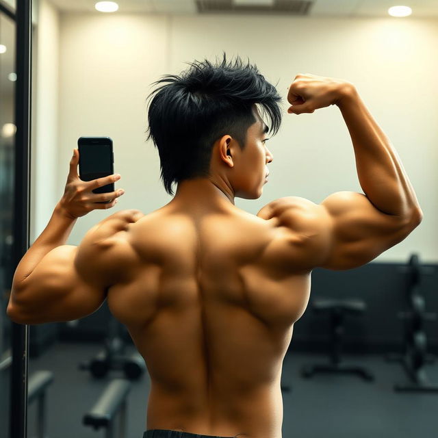 Aesthetic mirror selfie of a Filipino individual with a 'Jay-Jo' mullet haircut, flexing their back muscles in a natural and convincing manner