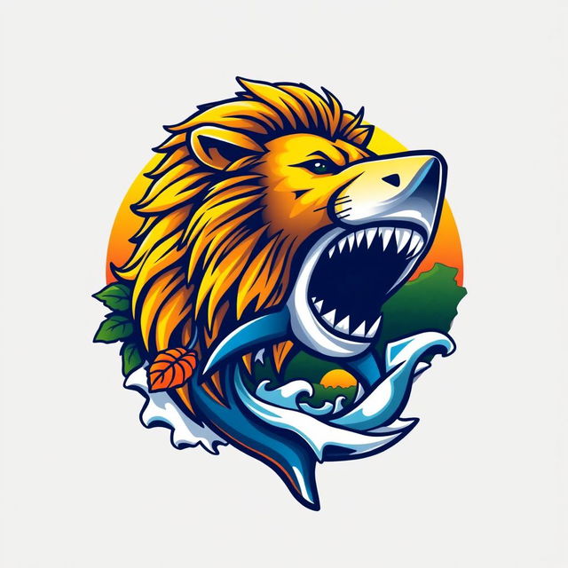 A creative logo design featuring a lion-shark hybrid, showcasing a unique and powerful fusion of the majestic lion and the fierce shark