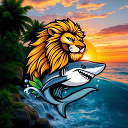A creative logo design featuring a lion-shark hybrid, showcasing a unique and powerful fusion of the majestic lion and the fierce shark