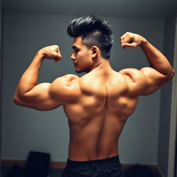 A Filipino man flexing his well-defined back muscles in front of a mirror, taking a selfie with one hand holding a phone