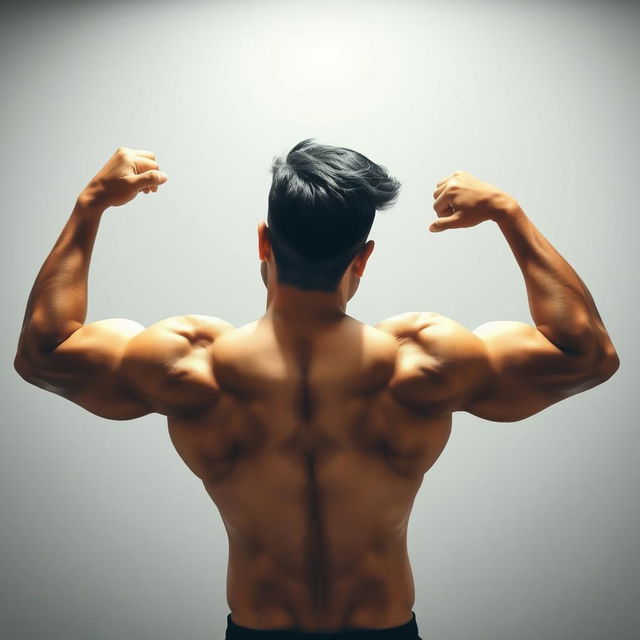 A Filipino man flexing his well-defined back muscles in front of a mirror, taking a selfie with one hand holding a phone