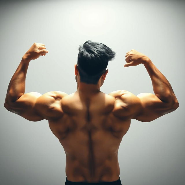 A Filipino man flexing his well-defined back muscles in front of a mirror, taking a selfie with one hand holding a phone