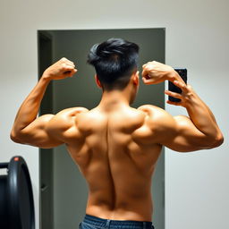 A Filipino man flexing his well-defined back muscles in front of a mirror, taking a selfie with one hand holding a phone