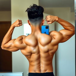 A Filipino man flexing his well-defined back muscles in front of a mirror, taking a selfie with one hand holding a phone