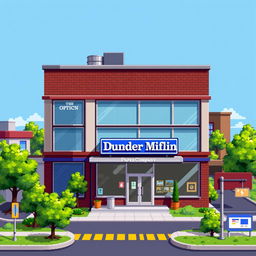A detailed pixel art representation of the Dunder Mifflin office building from the TV series 'The Office (US)'