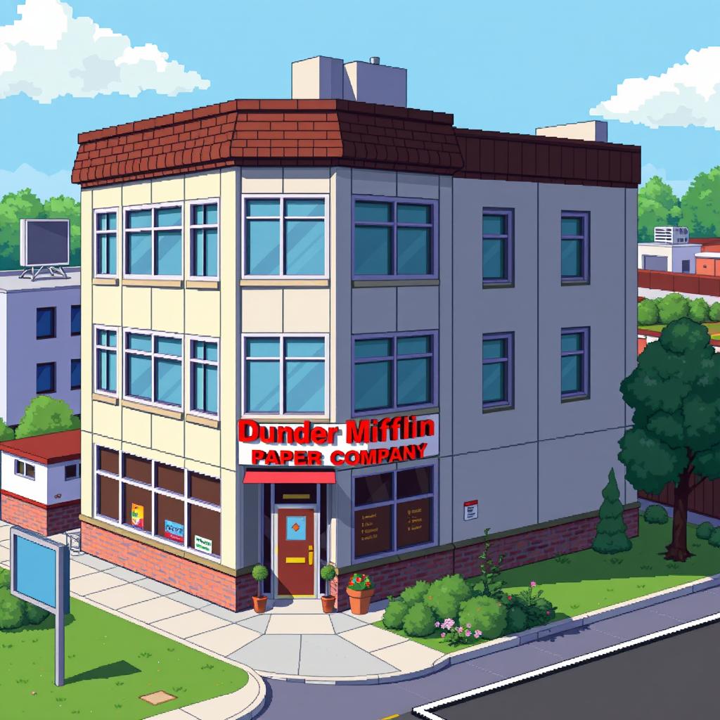 A detailed pixel art representation of the Dunder Mifflin office building from the TV series 'The Office (US)'