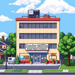 A detailed pixel art representation of the Dunder Mifflin office building from the TV series 'The Office (US)'