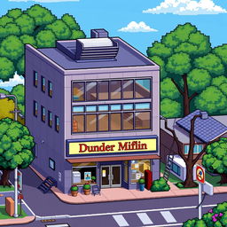A detailed pixel art representation of the Dunder Mifflin office building from the TV series 'The Office (US)'