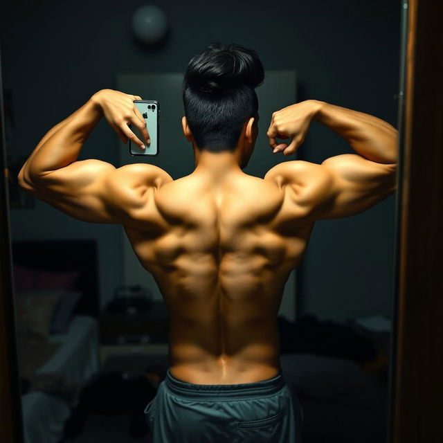 A Filipino man flexing his well-defined back muscles in front of a mirror, taking a selfie with one hand holding a phone