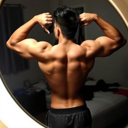 A Filipino man flexing his well-defined back muscles in front of a mirror, taking a selfie with one hand holding a phone