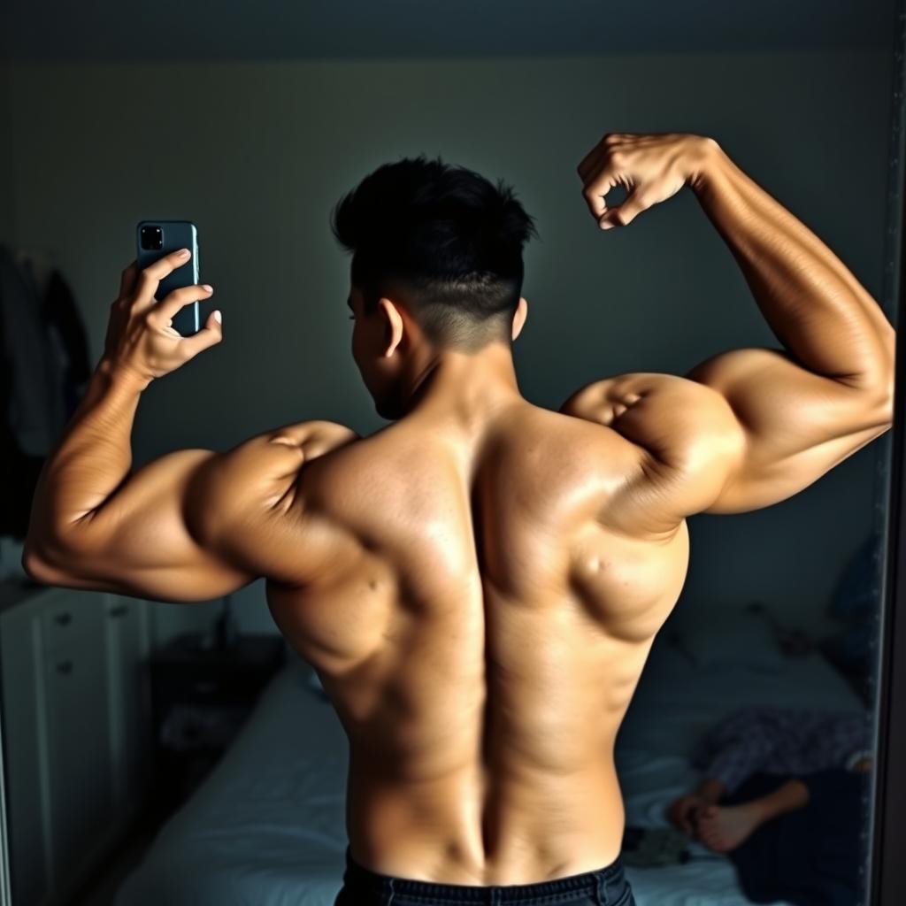 A Filipino man flexing his well-defined back muscles in front of a mirror, taking a selfie with one hand holding a phone