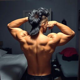 A Filipino man flexing his well-defined back muscles in front of a mirror, taking a selfie with one hand holding a phone