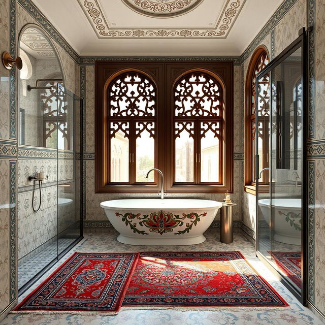 A bathroom measuring 2 meters by 2 meters, featuring a beautiful blend of modern design elements and architectural styles from the Safavid period of Iran