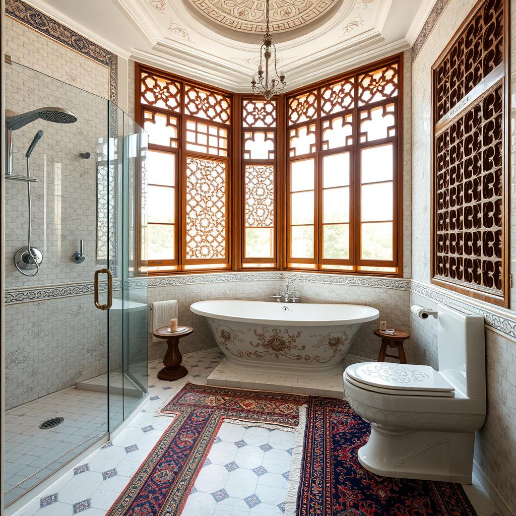 A bathroom measuring 2 meters by 2 meters, featuring a beautiful blend of modern design elements and architectural styles from the Safavid period of Iran