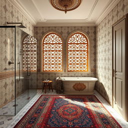 A bathroom measuring 2 meters by 2 meters, featuring a beautiful blend of modern design elements and architectural styles from the Safavid period of Iran