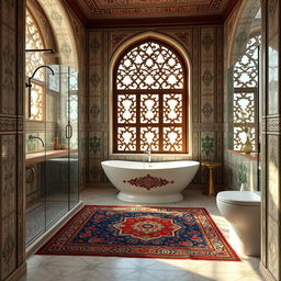 A bathroom measuring 2 meters by 2 meters, featuring a beautiful blend of modern design elements and architectural styles from the Safavid period of Iran