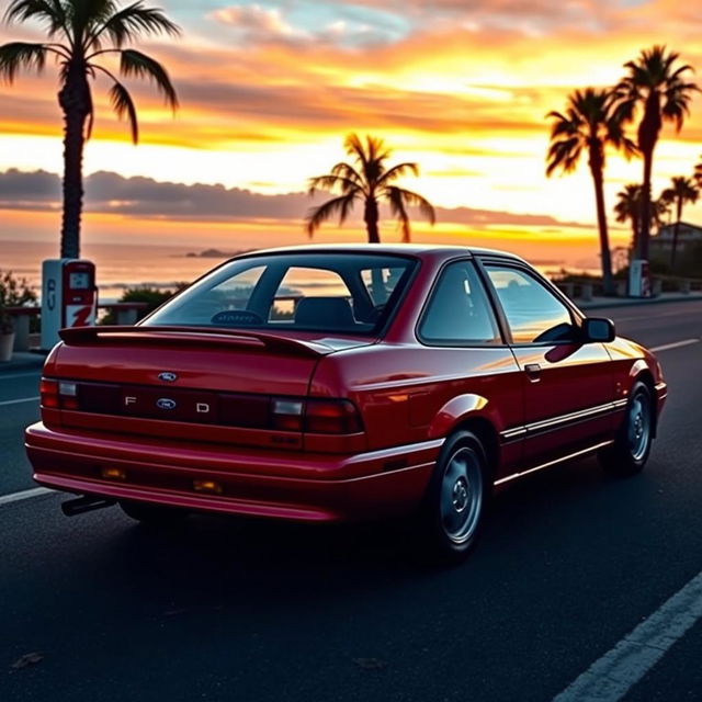 A stunning 1997 model Ford Escort, showcasing its classic sleek lines and vibrant paint job, parked on a scenic coastal road during sunset