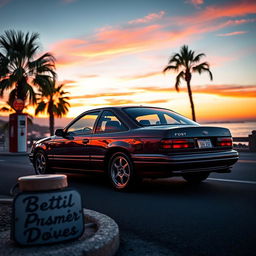A stunning 1997 model Ford Escort, showcasing its classic sleek lines and vibrant paint job, parked on a scenic coastal road during sunset