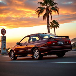 A stunning 1997 model Ford Escort, showcasing its classic sleek lines and vibrant paint job, parked on a scenic coastal road during sunset