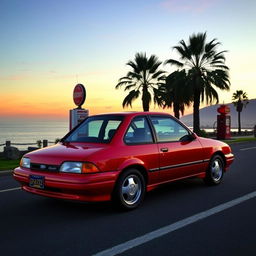 A stunning 1997 model Ford Escort, showcasing its classic sleek lines and vibrant paint job, parked on a scenic coastal road during sunset