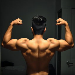 A Filipino man flexing his subtly defined back muscles in front of a mirror, taking a selfie with one hand holding a phone