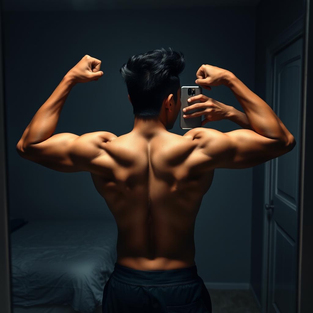 A Filipino man flexing his subtly defined back muscles in front of a mirror, taking a selfie with one hand holding a phone