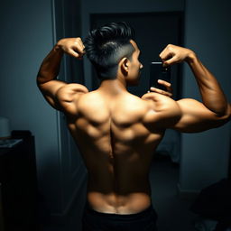 A Filipino man flexing his subtly defined back muscles in front of a mirror, taking a selfie with one hand holding a phone