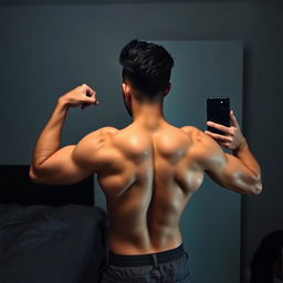A Filipino man flexing his subtly defined back muscles in front of a mirror, taking a selfie with one hand holding a phone