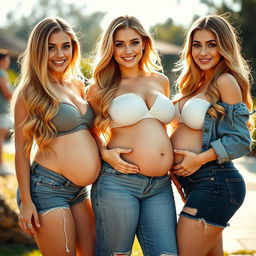 A striking scene featuring three stunning young women with impeccable faces and curvaceous bodies, each flaunting very generous busts and remarkably large posteriors, highlighted by thick, shapely thighs